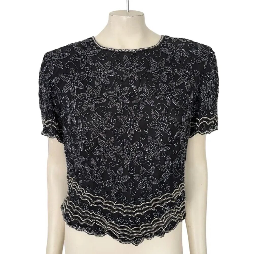 VTG ADRIANNA PAPELL Evening 100% Silk Bead Embellished Fancy Top SZ 8